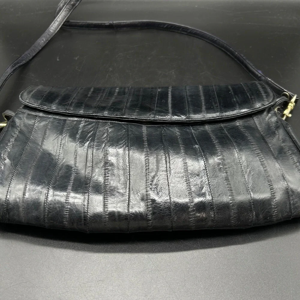 Vintage‎ Genuine Eel Skin Black Purse Shoulder Bag Made In Korea